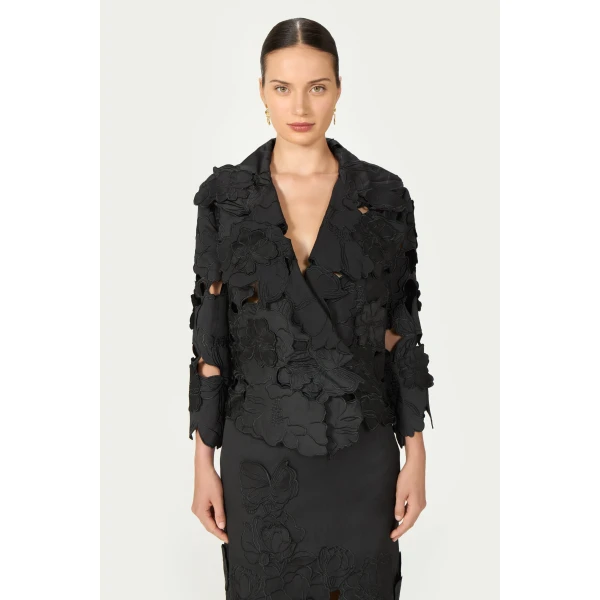 Costarellos Tesha Floral-Cut Satin Jacket in Black | Jackets | Luxury Shoes 