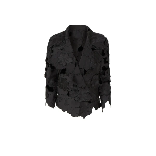 Tesha Floral-Cut Satin Jacket in Black
