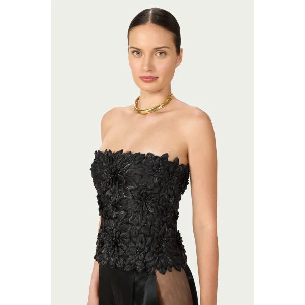 Costarellos Tesni Petal Lurex Satin Bustier in Black | Tops | Luxury Shoes 