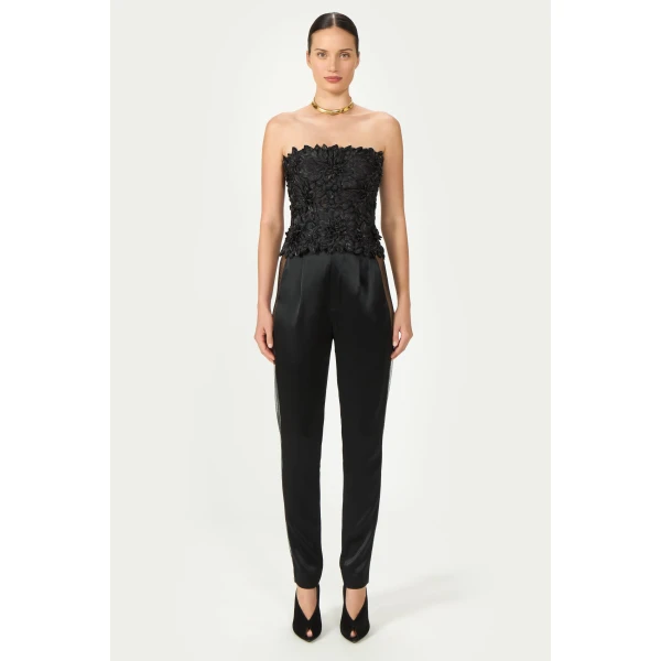 Costarellos Tesni Petal Lurex Satin Bustier in Black | Tops | Luxury Shoes 