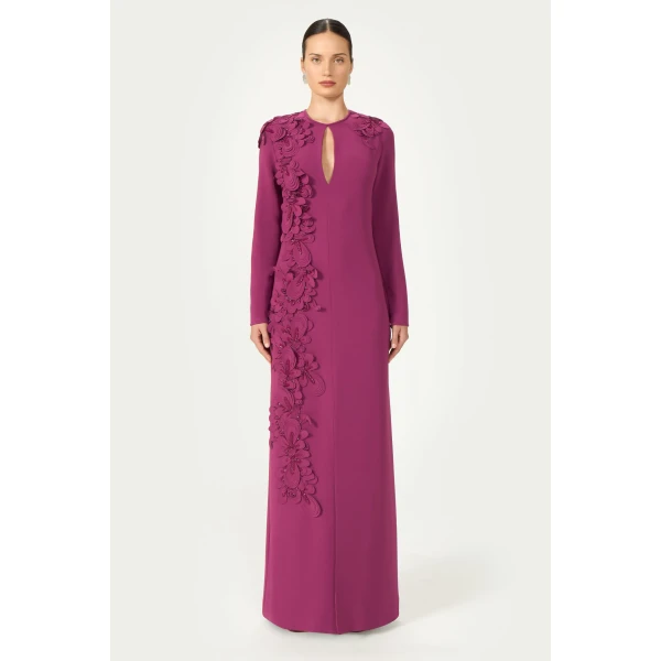 Costarellos Verana Crepe Keyhole Column Gown in Magenta | Evening Gowns | Luxury Shoes 