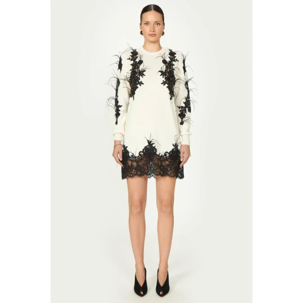 Costarellos Vianna Mohair Wool Lace Mini Dress in Off White | Mini Dresses | Luxury Shoes 