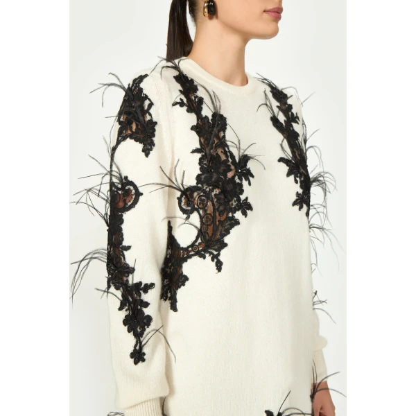 Costarellos Vianna Mohair Wool Lace Mini Dress in Off White | Mini Dresses | Luxury Shoes 