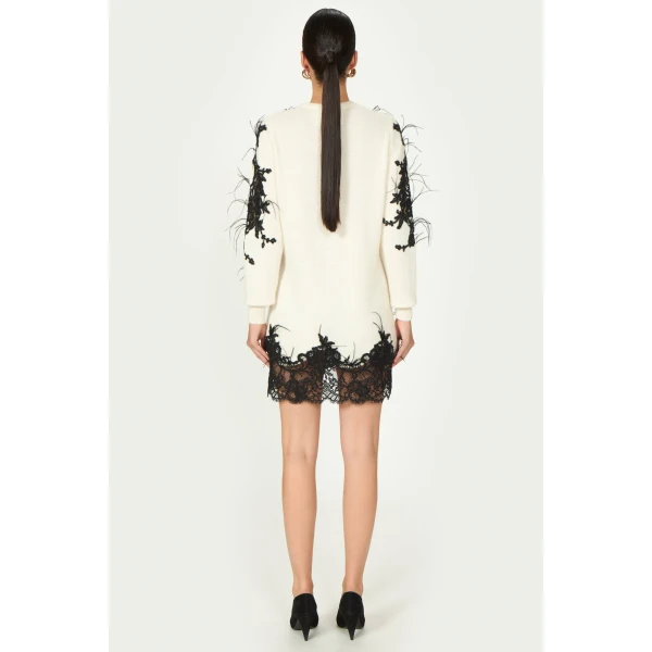 Costarellos Vianna Mohair Wool Lace Mini Dress in Off White | Mini Dresses | Luxury Shoes 