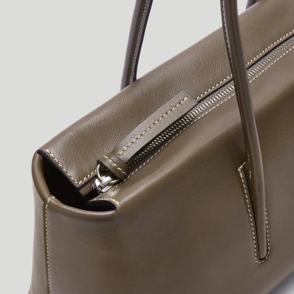 DeMellier Rebecca Donaldson x The Stockholm Shoulder in Dark Sage Fine Grain with Ecru Stitching Shoulder Bag, view 5 | Shoulder & Crossbody Bags | Luxury Shoes 