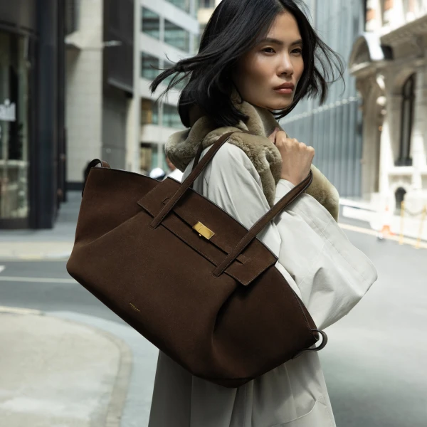 DeMellier The Brooklyn in Mocha Suede Tote Bag, view 2 | Totes & Top-Handle Bags | Luxury Shoes 