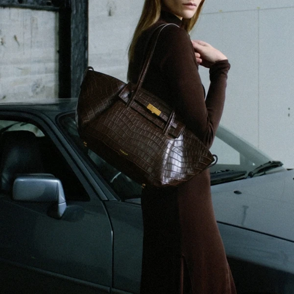 DeMellier The Midi Brooklyn in Dark Chocolate Croc-Effect Shoulder Bag, view 2 | Shoulder & Crossbody Bags | Luxury Shoes 