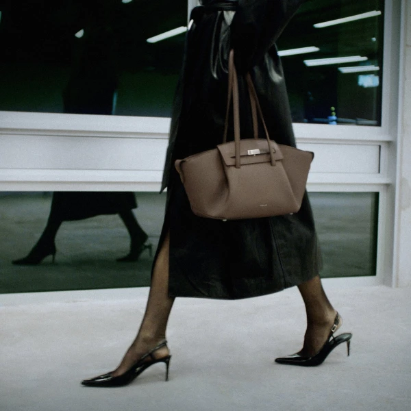DeMellier The Midi Brooklyn in Dark Taupe Small Grain Shoulder Bag, view 2 | Shoulder & Crossbody Bags | Luxury Shoes 