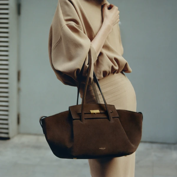 DeMellier The Midi Brooklyn in Mocha Suede Shoulder Bag, view 2 | Shoulder & Crossbody Bags | Luxury Shoes 