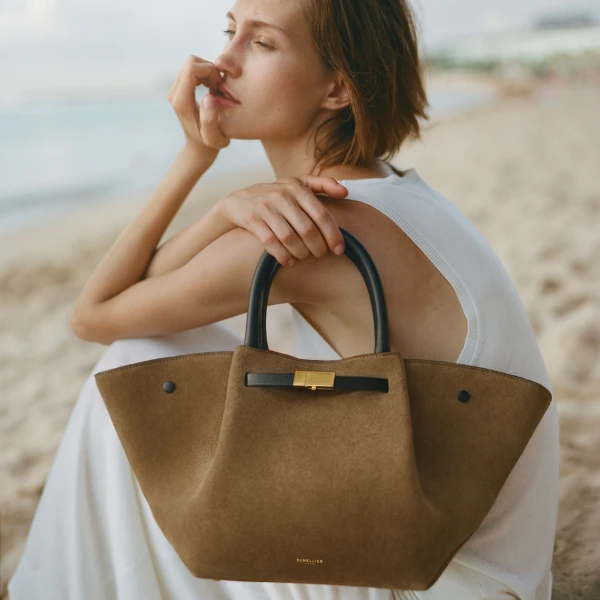 DeMellier The Midi New York in Tobacco Suede & Black Smooth Shoulder Bag, view 2 | Shoulder & Crossbody Bags | Luxury Shoes 