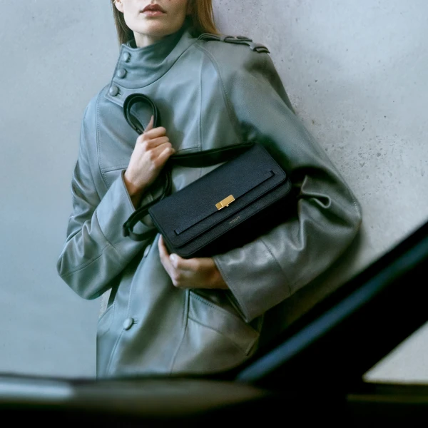 DeMellier The New York Crossbody in Black Small Grain Crossbody Bag, view 2 | Shoulder & Crossbody Bags | Luxury Shoes 