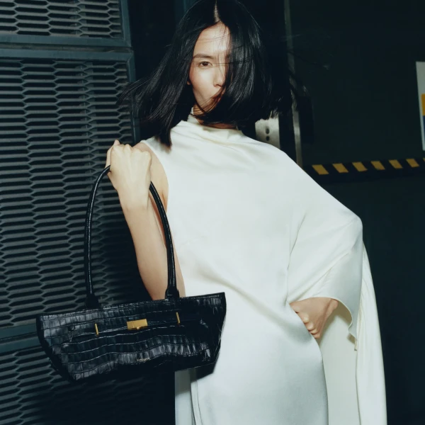 DeMellier The New York Shoulder in Black Croc-Effect Shoulder Bag, view 2 | Shoulder & Crossbody Bags | Luxury Shoes 