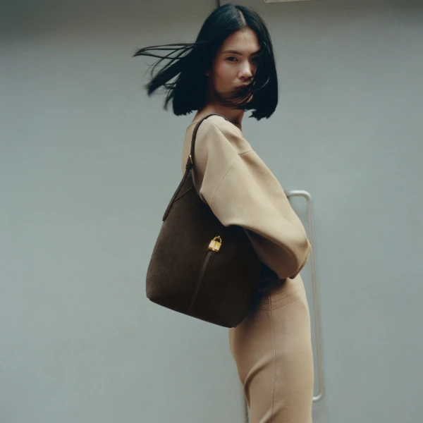 DeMellier The Siena Bucket in Dark Chocolate Suede Bucket Bag, view 2 | Bucket Bags | Luxury Shoes 
