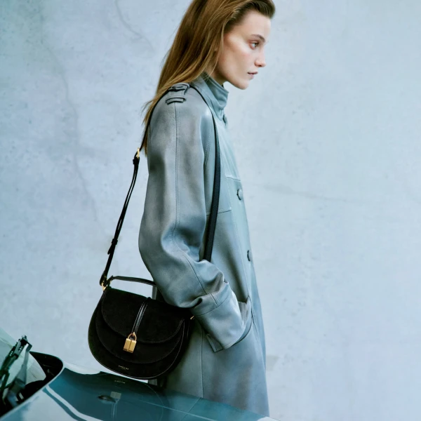 DeMellier The Siena Saddle in Black Suede Crossbody Bag, view 2 | Shoulder & Crossbody Bags | Luxury Shoes 