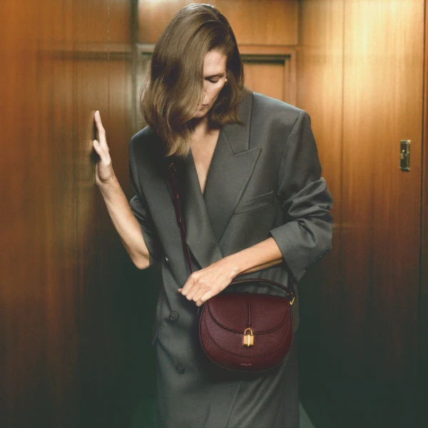 DeMellier The Siena Saddle in Burgundy Small Grain Crossbody Bag, view 2 | Shoulder & Crossbody Bags | Luxury Shoes 