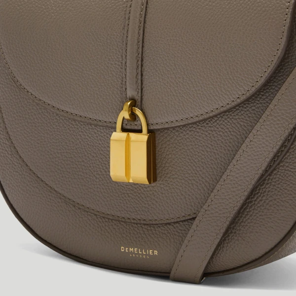 DeMellier The Siena Saddle in Dark Taupe Small Grain Crossbody Bag, view 2 | Shoulder & Crossbody Bags | Luxury Shoes 