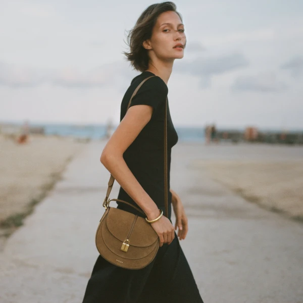 DeMellier The Siena Saddle in Tobacco Suede Crossbody Bag, view 2 | Shoulder & Crossbody Bags | Luxury Shoes 