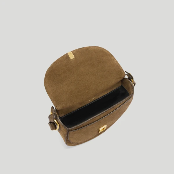 DeMellier The Siena Saddle in Tobacco Suede Crossbody Bag, view 4 | Shoulder & Crossbody Bags | Luxury Shoes 