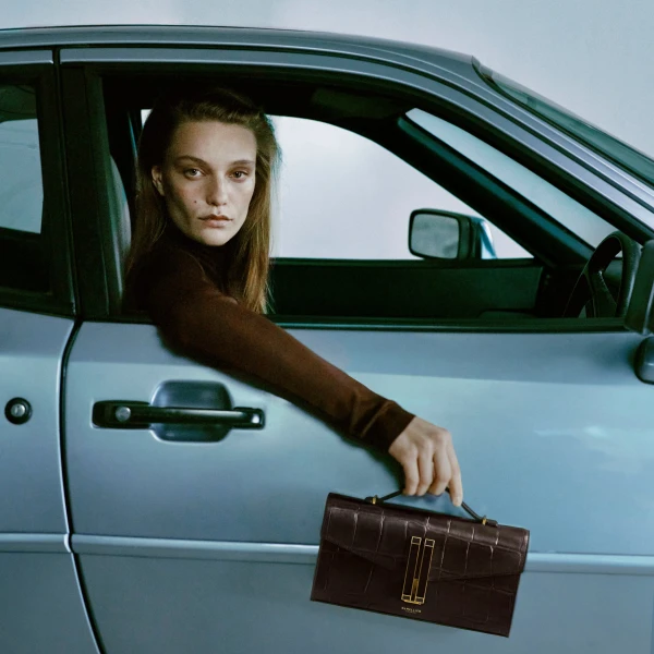DeMellier The Vancouver Clutch in Dark Chocolate Large Croc-Effect Clutch Bag, view 2 | Clutch Bags | Luxury Shoes 