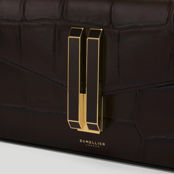 DeMellier The Vancouver Clutch in Dark Chocolate Large Croc-Effect Clutch Bag, view 3 | Clutch Bags | Luxury Shoes 