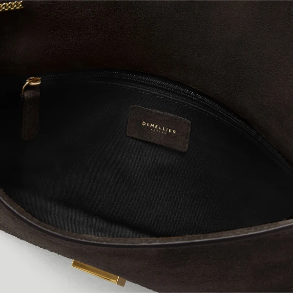 DeMellier The Vancouver Clutch in Dark Chocolate Suede Clutch Bag, view 4 | Clutch Bags | Luxury Shoes 