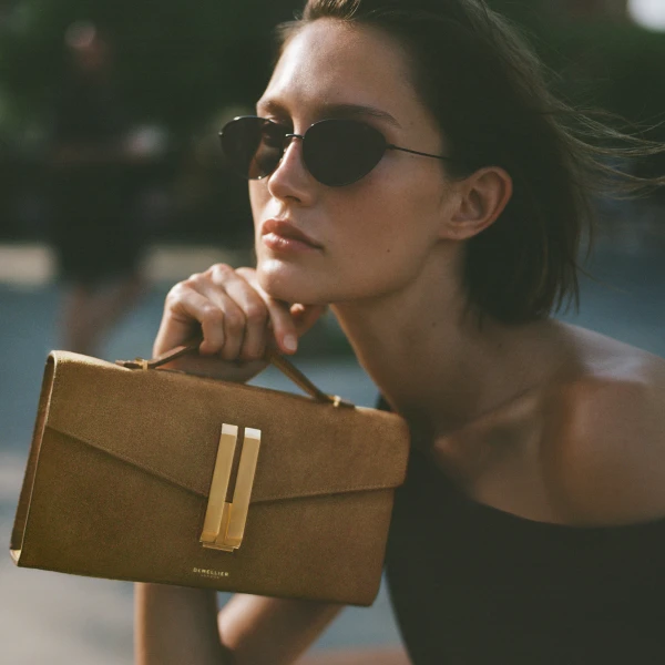 DeMellier The Vancouver Clutch in Tobacco Suede Clutch Bag, view 2 | Clutch Bags | Luxury Shoes 