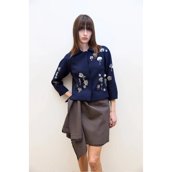 Dice Kayek Asymmetric Draped Gingham Mini Skirt in Navy | Mini Skirts | Luxury Shoes 