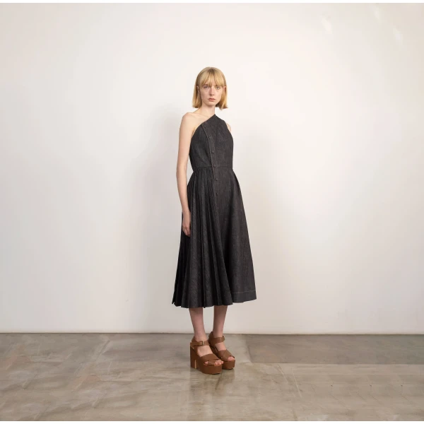 Dice Kayek Asymmetrical Structured Denim Midi Dress in Black | Midi Dresses | Luxury Shoes 
