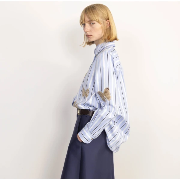 Dice Kayek Butterfly Embroidered Cotton Shirt in Blue Stripe | Shirts | Luxury Shoes 