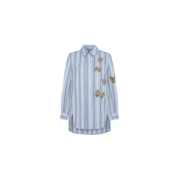 Butterfly Embroidered Cotton Shirt in Blue Stripe