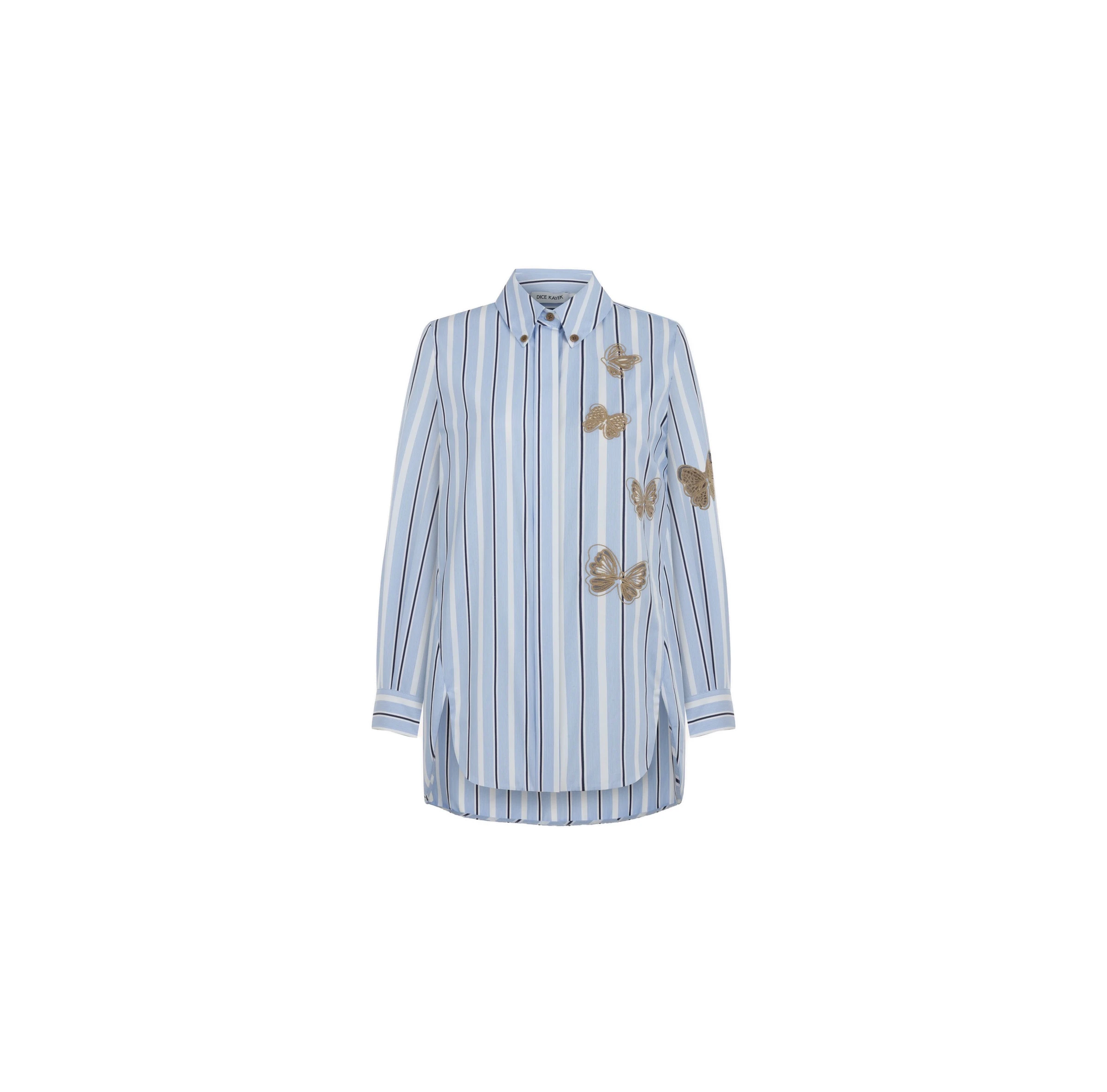 Dice Kayek Butterfly Embroidered Cotton Shirt in Blue Stripe Dice Kayek Butterfly Embroidered Cotton Shirt in Blue Stripe | Shirts | Luxury Shoes