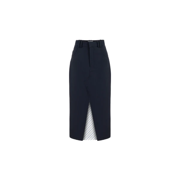 Cotton Midi Skirt with Front Slit in Navy