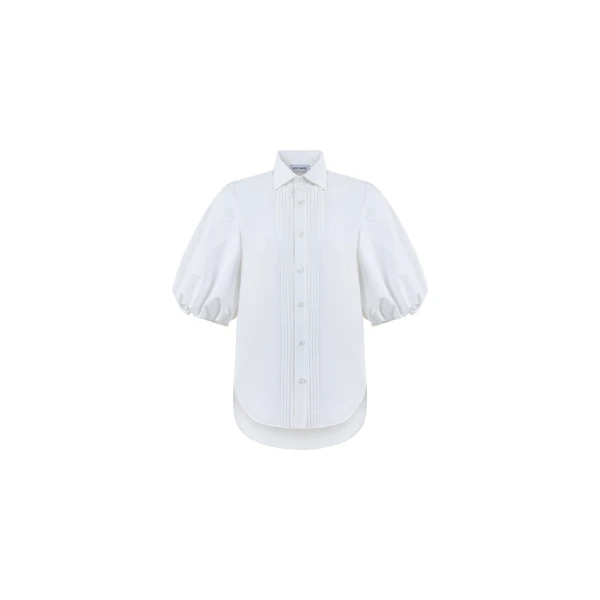 Cotton Poplin Shirt with Structured High Collar in White