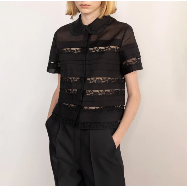 Dice Kayek Cotton Voile Lace Panel Shirt in Black | Shirts | Luxury Shoes 