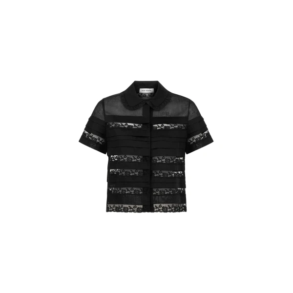 Cotton Voile Lace Panel Shirt in Black