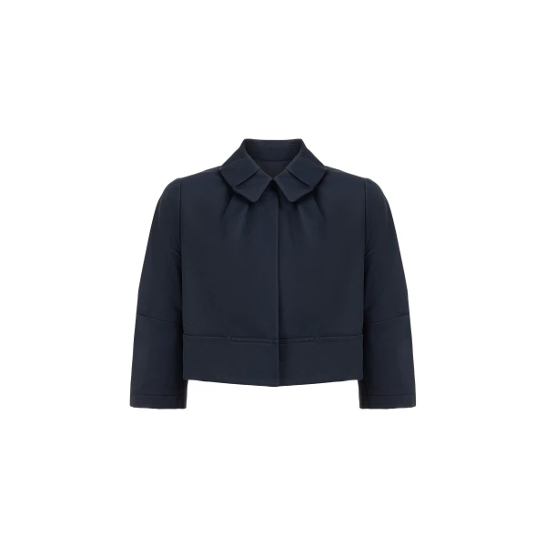 Dice Kayek Cropped Cotton Structured Jacket with Sculpted Collar in Navy | Jackets | Luxury Shoes 