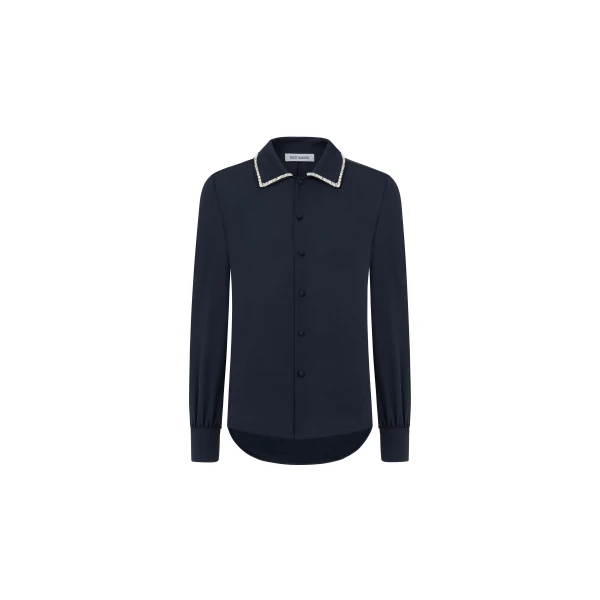 Crystal Collar Cotton Shirt in Navy