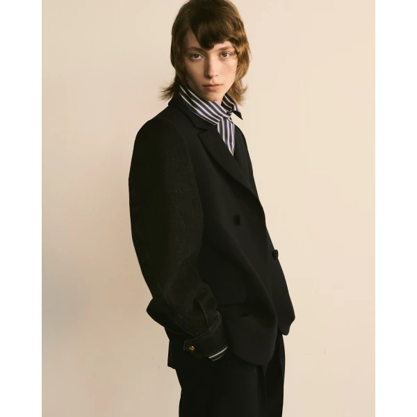 Dice Kayek Double-Breasted Jacket with Denim Sleeves in Navy | Jackets | Luxury Shoes 
