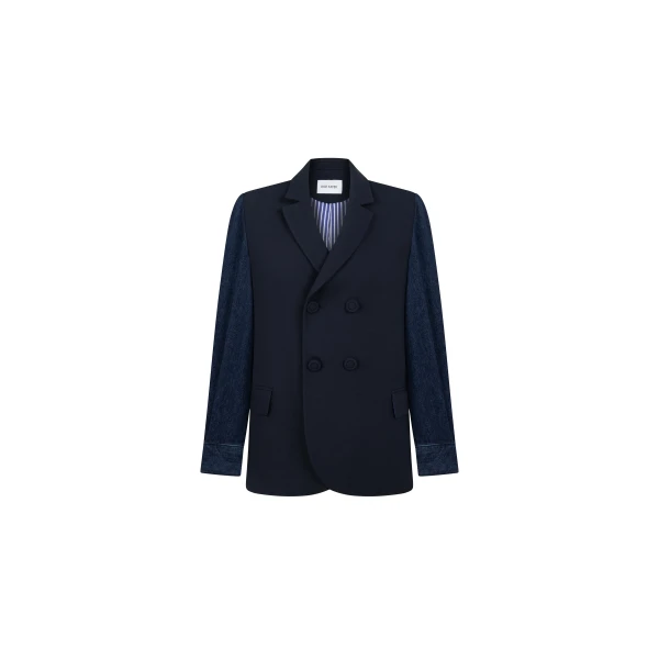 Dice Kayek Double-Breasted Jacket with Denim Sleeves in Navy | Jackets | Luxury Shoes 