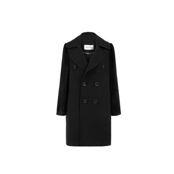 Double-Breasted Wool Coat with Textured Sleeves in Black