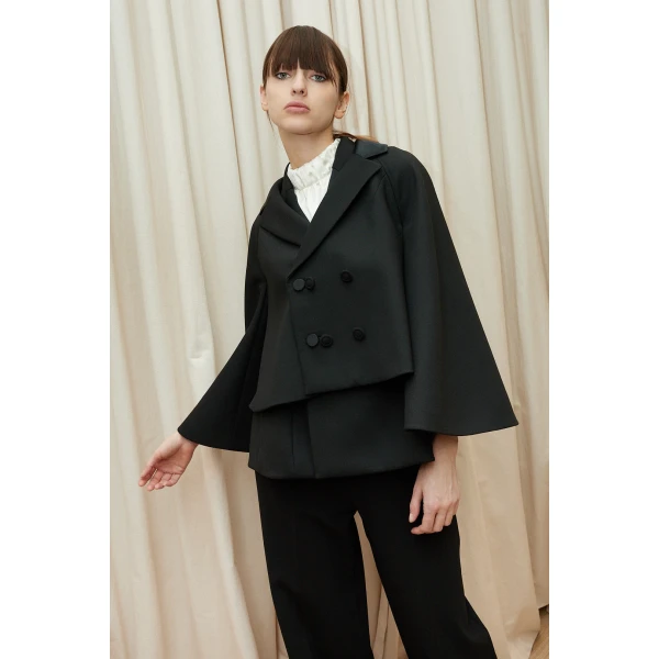 Dice Kayek Double-Layer Cape Jacket with Tailored Vest in Black | Jackets | Luxury Shoes 