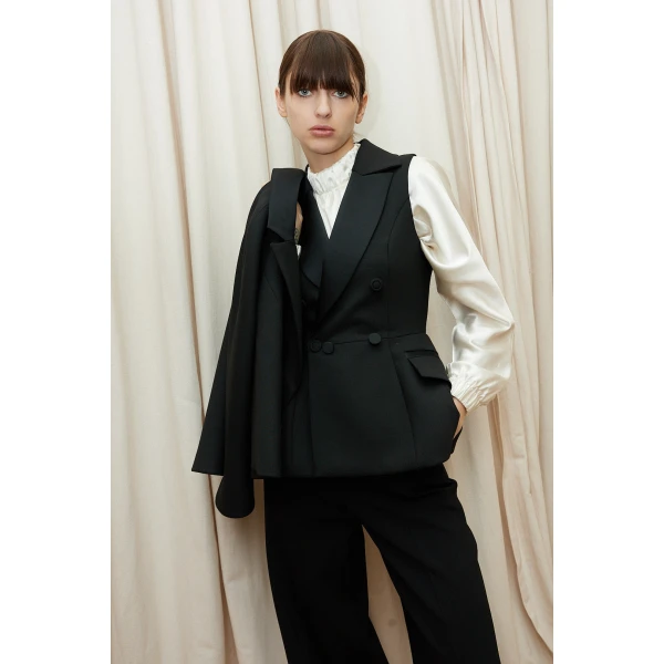 Dice Kayek Double-Layer Cape Jacket with Tailored Vest in Black | Jackets | Luxury Shoes 