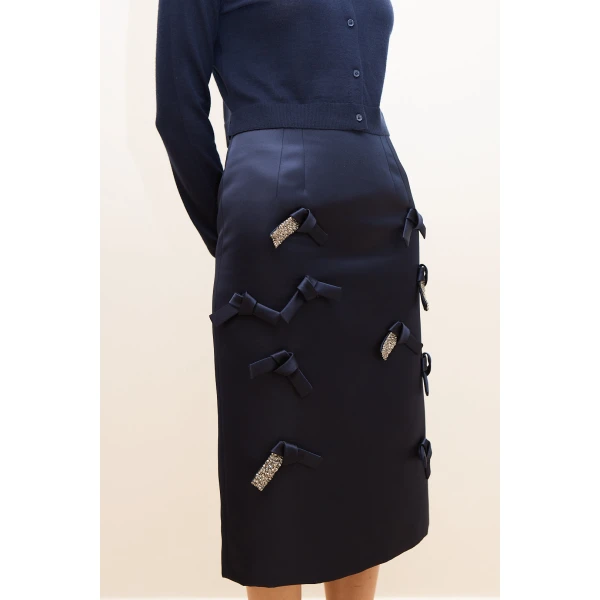 Dice Kayek Embellished Bow Detail Midi Skirt in Navy | Midi Skirts | Luxury Shoes 