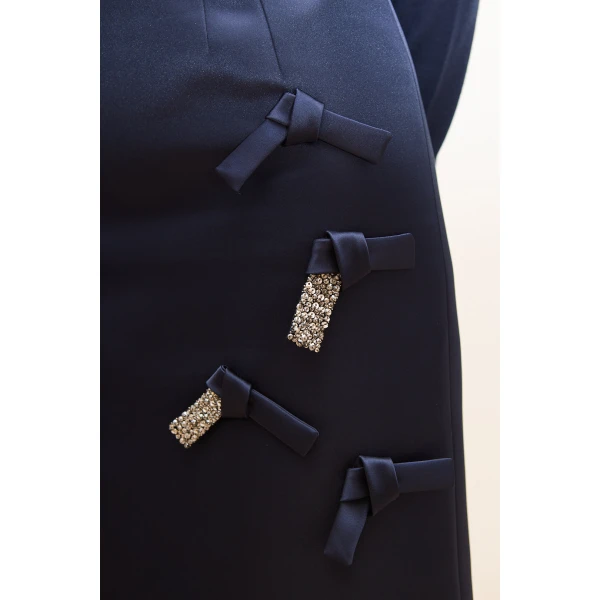 Dice Kayek Embellished Bow Detail Midi Skirt in Navy | Midi Skirts | Luxury Shoes 