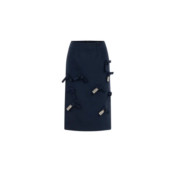 Embellished Bow Detail Midi Skirt in Navy
