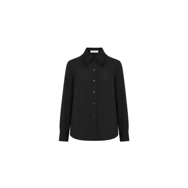Embellished Collar Silk Blouse in Black