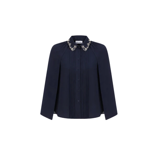 Embellished Collar Silk Cape Blouse in Navy