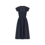Dice Kayek Embellished Navy Cotton Midi Dress with Floral Embroidery | Midi Dresses | Luxury Shoes 