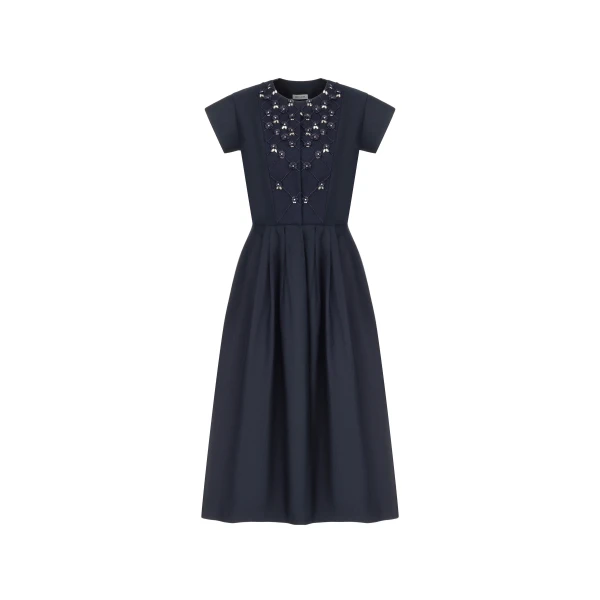 Embellished Navy Cotton Midi Dress with Floral Embroidery