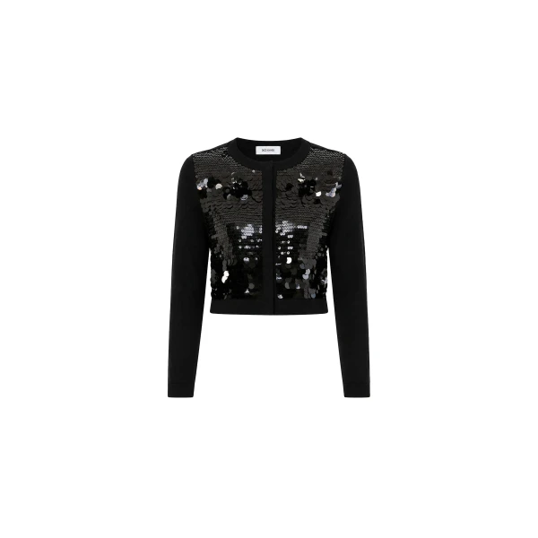 Embellished Sequin Wool Cardigan in Black